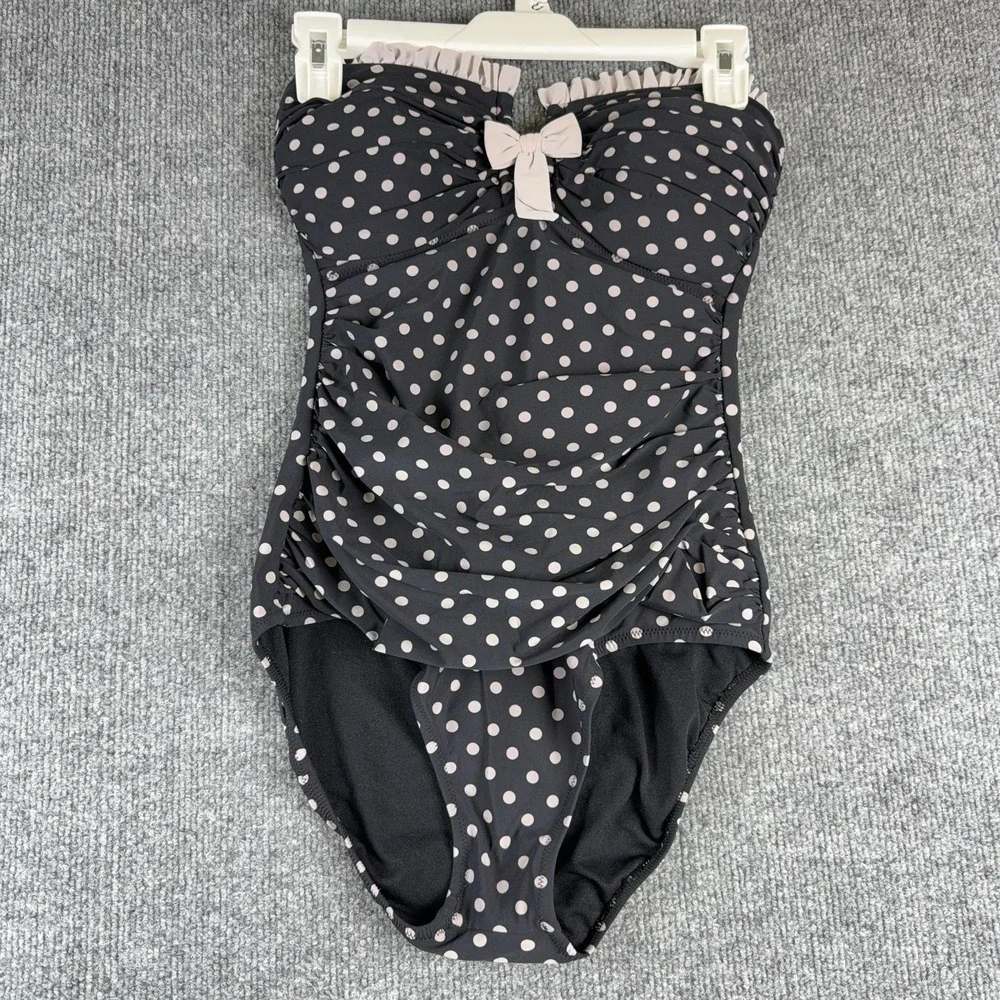 Profile Swimsuit Womens 8 Black Polka Dot Bandeau One Piece Ruffle Bow Ruched